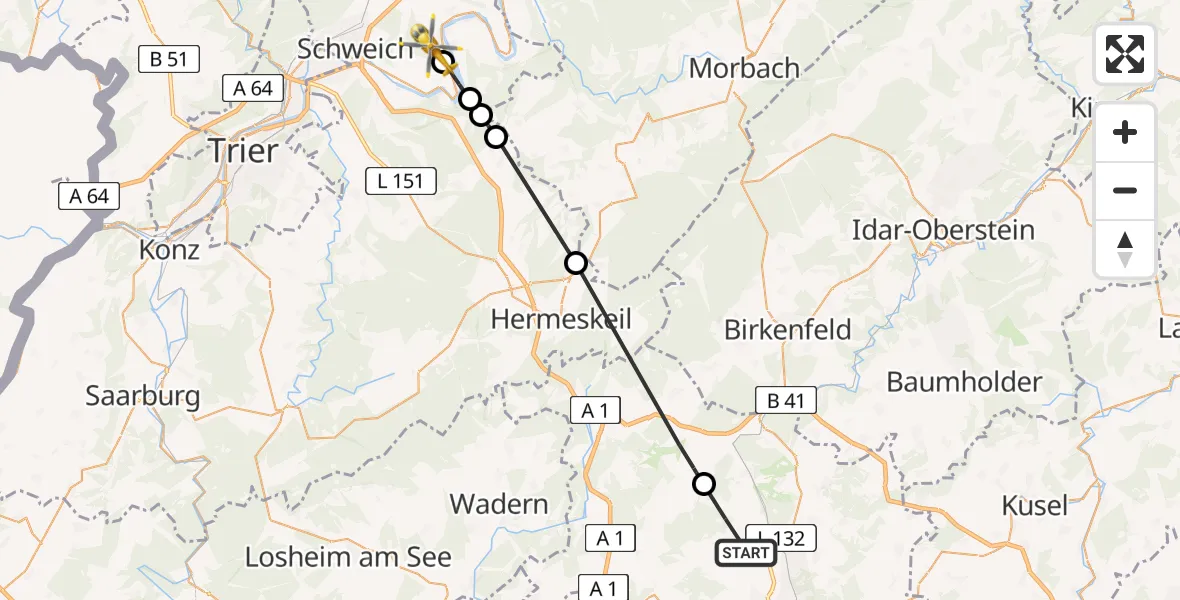Flugroute Ambulanzhubschrauber Oberthal - Ensch, 15 April 2026, 09:26