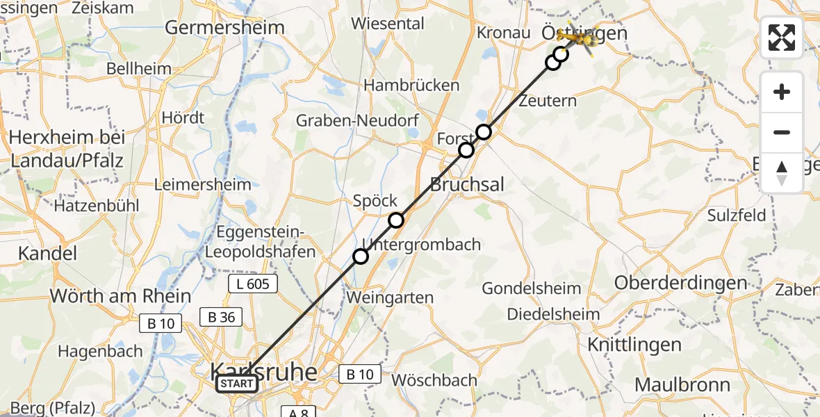 Flugroute Rettungshubschrauber Sankt Vincentius Hospital - Östringen, 15 April 2026, 09:27