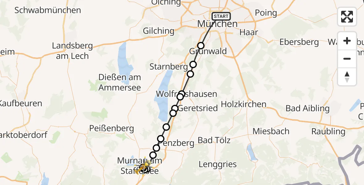 Flugroute Rettungshubschrauber München - Murnau Accident Hospital, 15 April 2026, 09:32
