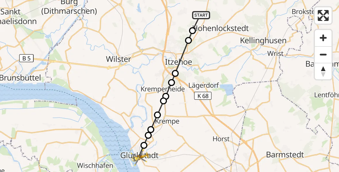 Flugroute Rettungshubschrauber Hohenlockstedt - Glückstadt, 15 April 2026, 09:38
