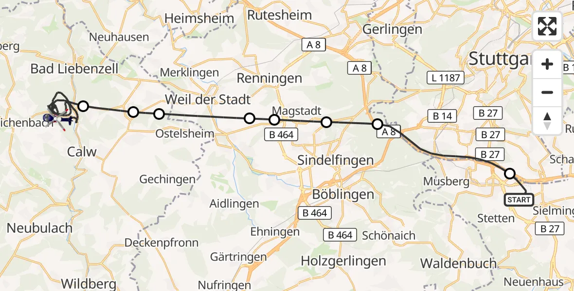 Flugroute Polizeihubschrauber Flughafen Stuttgart - Calw, 15 April 2026, 09:42
