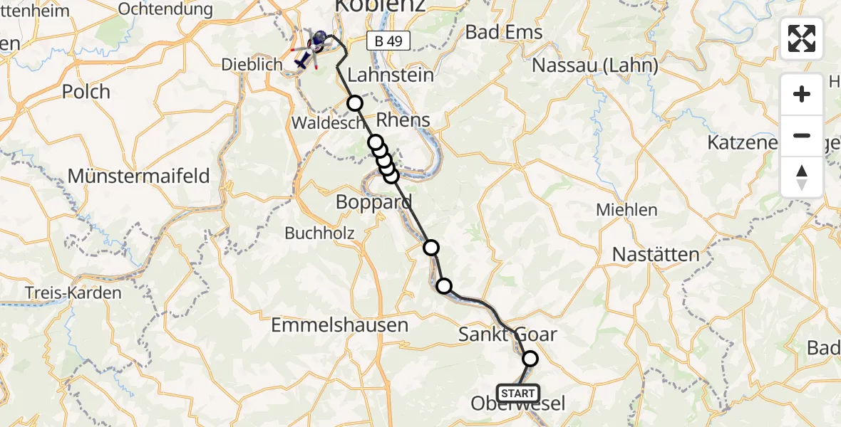 Flugroute Polizeihubschrauber Kaub - Koblenz-Winningen Flugplatz, 15 April 2026, 09:45