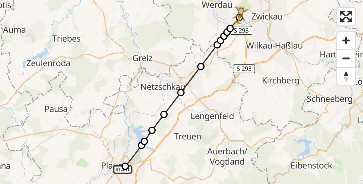Flugroute Rettungshubschrauber Helios Clinic Plauen - ADAC Air Rescue Station Zwickau Hubschrauberlandeplatz, 15 April 2026, 09:53