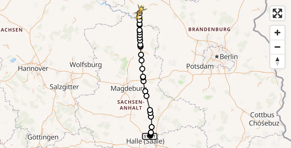 Flugroute Rettungshubschrauber Halle-Oppin Flugplatz - Perleberg, 15 April 2026, 09:53
