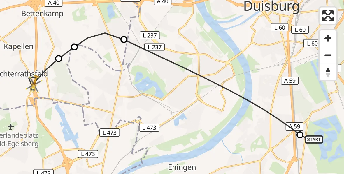 Flugroute Rettungshubschrauber Duisburg Air Rescue Hubschrauberlandeplatz (Christoph 9) - Moers, 15 April 2026, 09:55