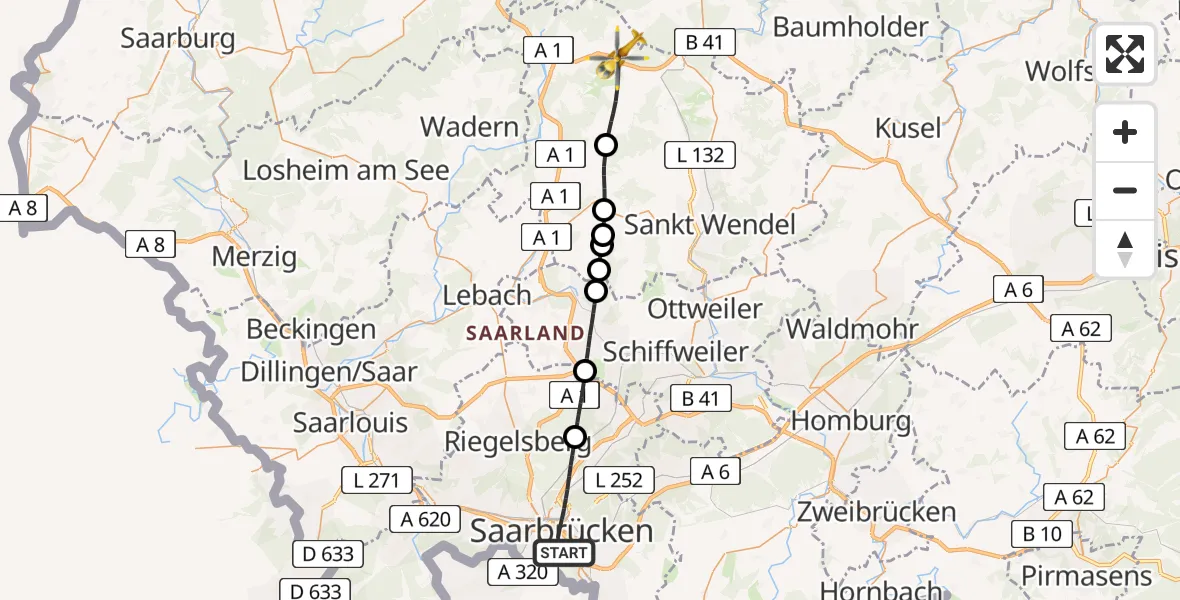 Flugroute Rettungshubschrauber Saarbrücken - Nohfelden, 15 April 2026, 10:07