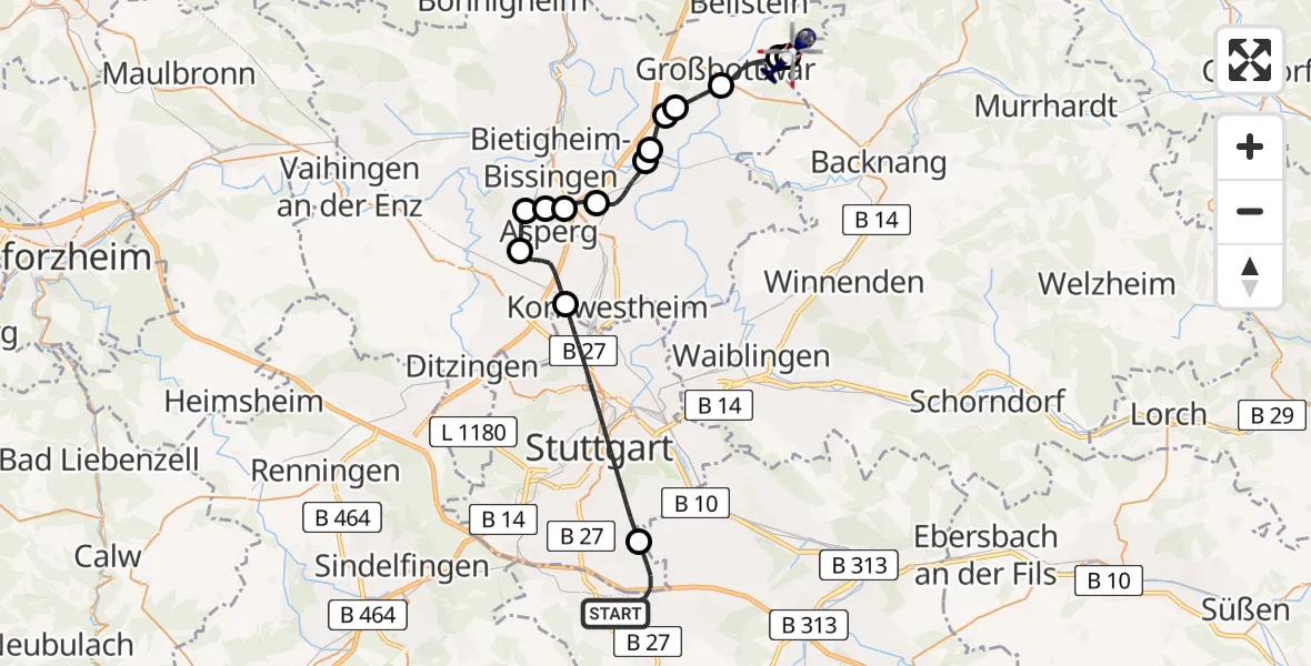 Flugroute Polizeihubschrauber Flughafen Stuttgart - Völkleshofen-Lichtenberg Flugplatz, 15 April 2026, 10:15