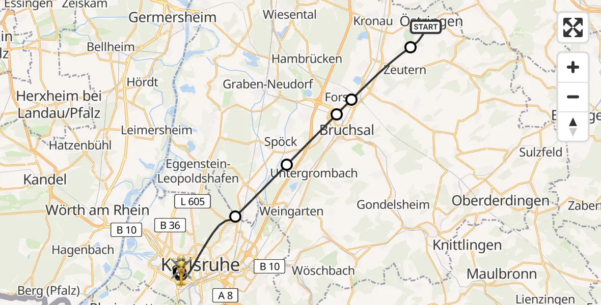 Flugroute Rettungshubschrauber Östringen - Sankt Vincentius Hospital, 15 April 2026, 10:16
