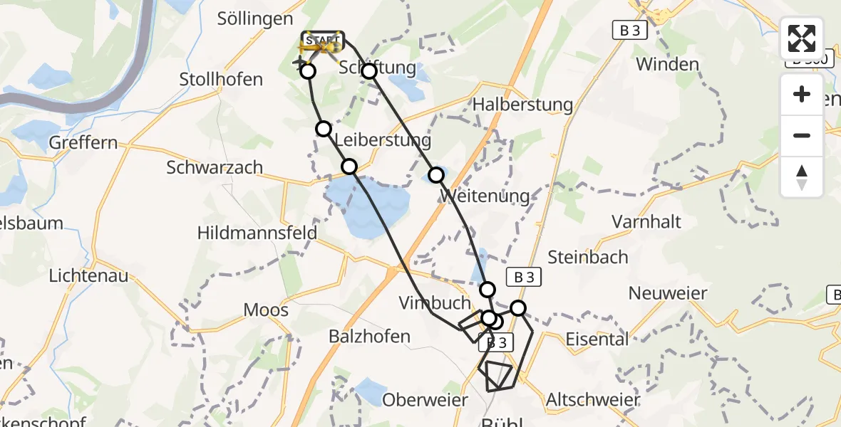 Flugroute Ambulanzhubschrauber Karlsruhe Baden-Baden Flughafen - Karlsruhe Baden-Baden Flughafen, 15 April 2026, 10:29