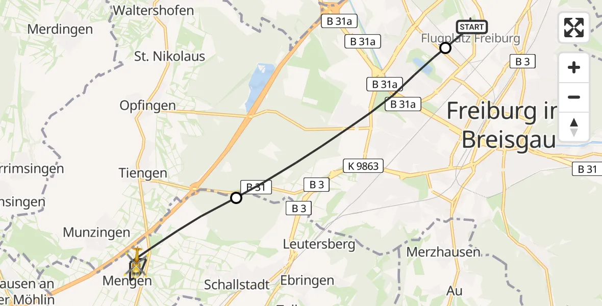 Flugroute Rettungshubschrauber Freiburg im Breisgau Flugplatz - Schallstadt, 15 April 2026, 10:35