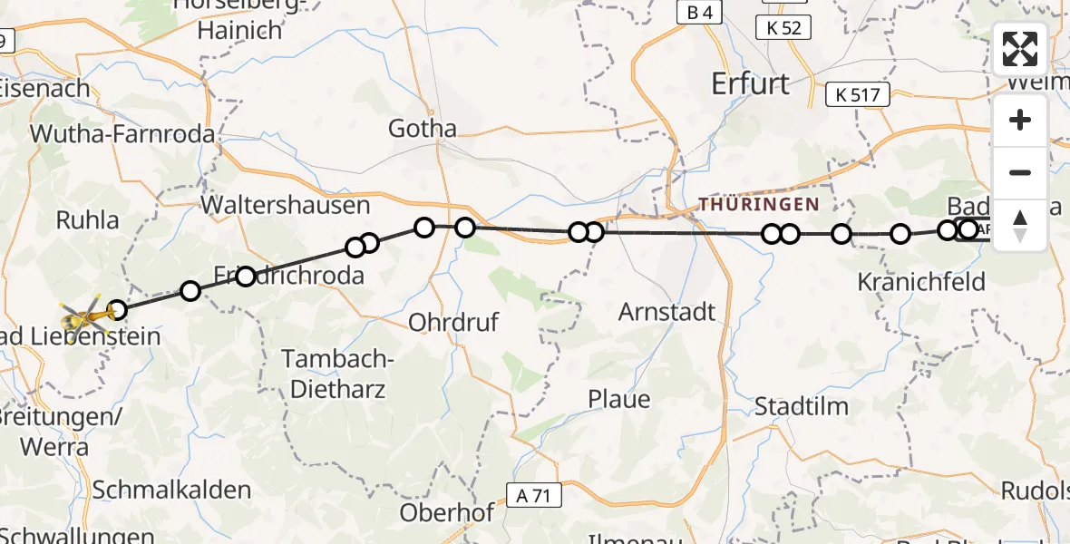 Flugroute Ambulanzhubschrauber DRF Rettungsstation Bad Berka Hubschrauberlandeplatz - Bad Liebenstein, 15 April 2026, 10:36