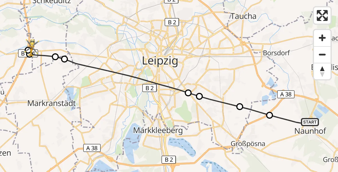 Flugroute Rettungshubschrauber Naunhof - ADAC Air Rescue Station Leipzig/Schkeuditz-Dölzig Hubschrauberlandeplatz (Christoph 61), 15 April 2026, 10:38