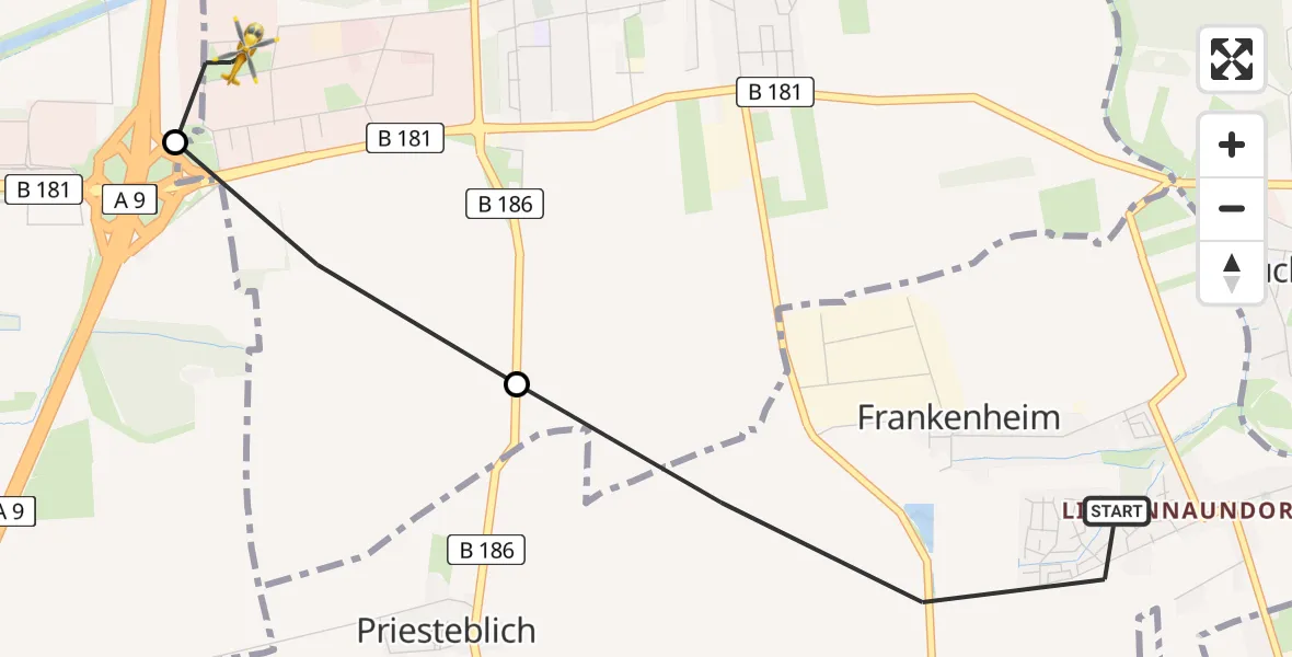 Flugroute Rettungshubschrauber Markranstädt - ADAC Air Rescue Station Leipzig/Schkeuditz-Dölzig Hubschrauberlandeplatz (Christoph 61), 15 April 2026, 10:40