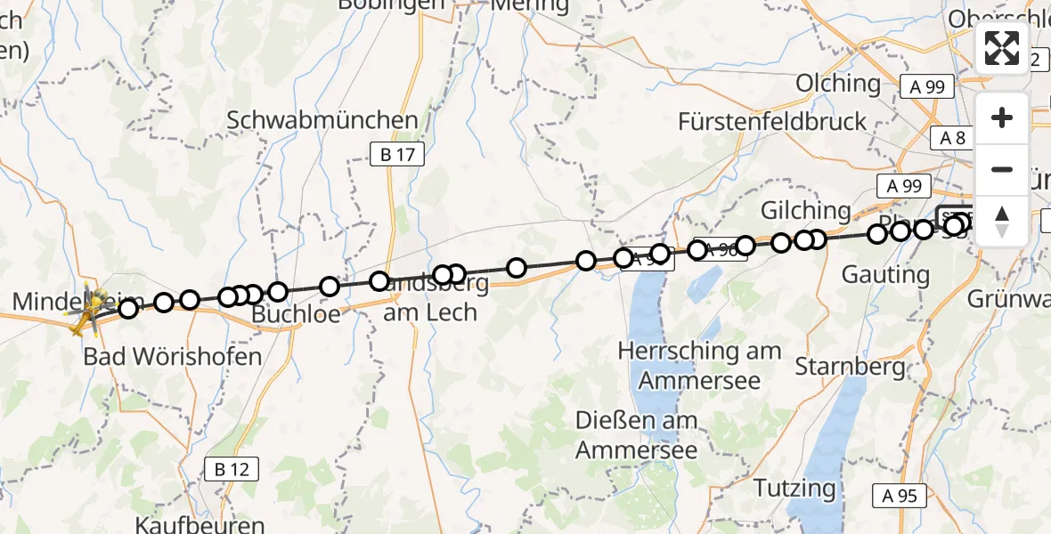 Flugroute Rettungshubschrauber DRF Air Rescue München Hubschrauberlandeplatz - Mindelheim, 15 April 2026, 10:41