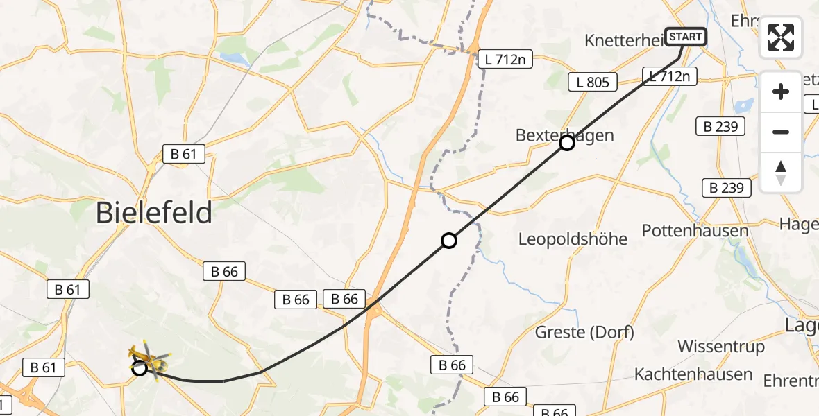Flugroute Rettungshubschrauber Bad Salzuflen - Luftrettungszentrum Bielefeld, 15 April 2026, 10:45