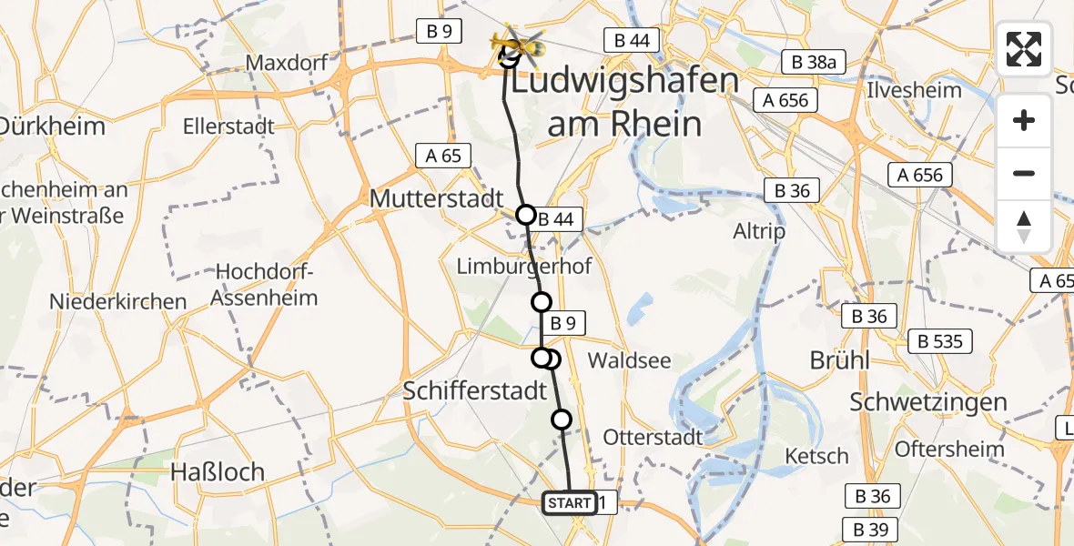 Flugroute Rettungshubschrauber Speyer - Ludwigshafen Accident Hospital, 15 April 2026, 10:49