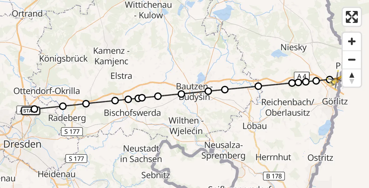 Flugroute Rettungshubschrauber Dresden Bundespolizei Hubschrauberlandeplatz - Görlitz, 15 April 2026, 10:51