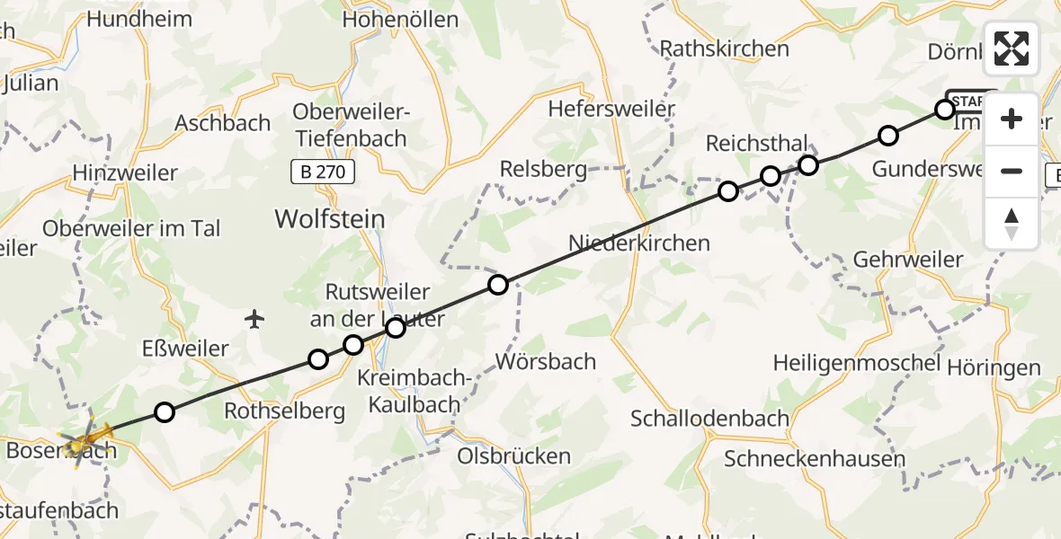 Flugroute Rettungshubschrauber Imsweiler UL - Bosenbach, 15 April 2026, 10:55