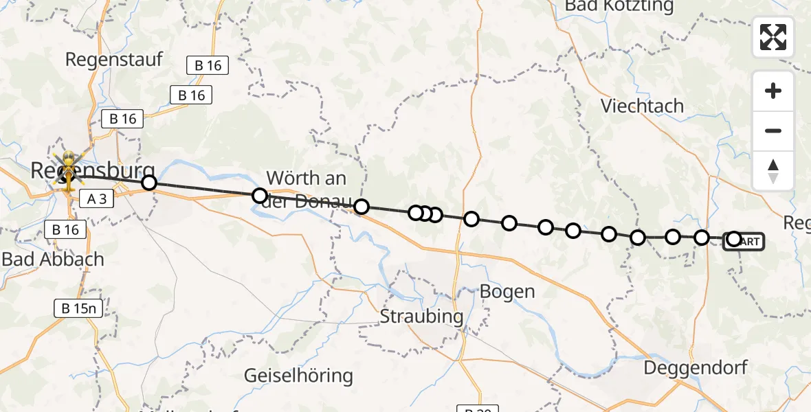 Flugroute Rettungshubschrauber Bischofsmais - Barmherzige Brüder (Brothers of Mercy) Hospital Regensburg, 15 April 2026, 10:55