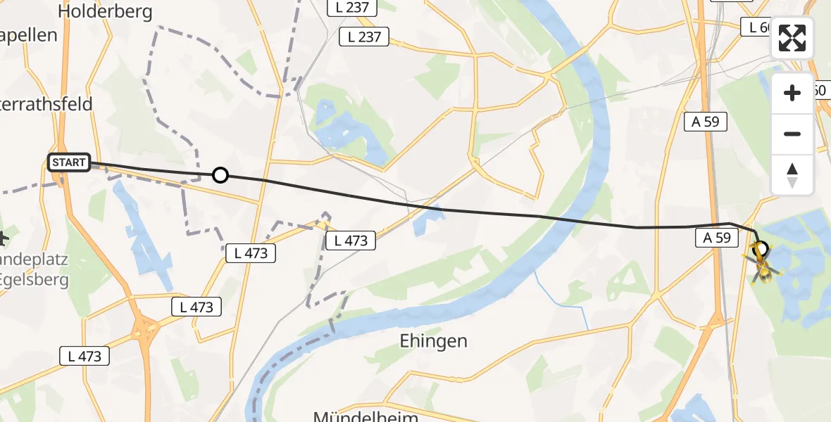 Flugroute Rettungshubschrauber Moers - Duisburg Air Rescue Hubschrauberlandeplatz (Christoph 9), 15 April 2026, 10:59