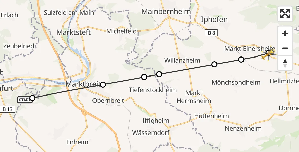 Flugroute Rettungshubschrauber Ochsenfurt Hospital - Iphofen, 15 April 2026, 10:59