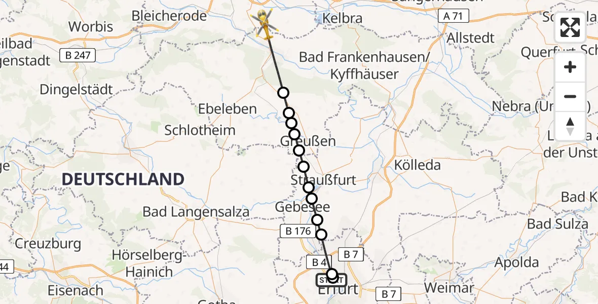 Flugroute Rettungshubschrauber Helios Clinic Erfurt - Heringen/Helme, 15 April 2026, 11:04