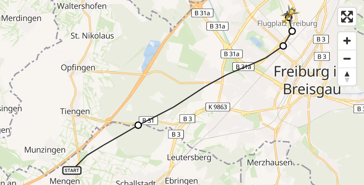 Flugroute Rettungshubschrauber Schallstadt - Freiburg im Breisgau Flugplatz, 15 April 2026, 11:05