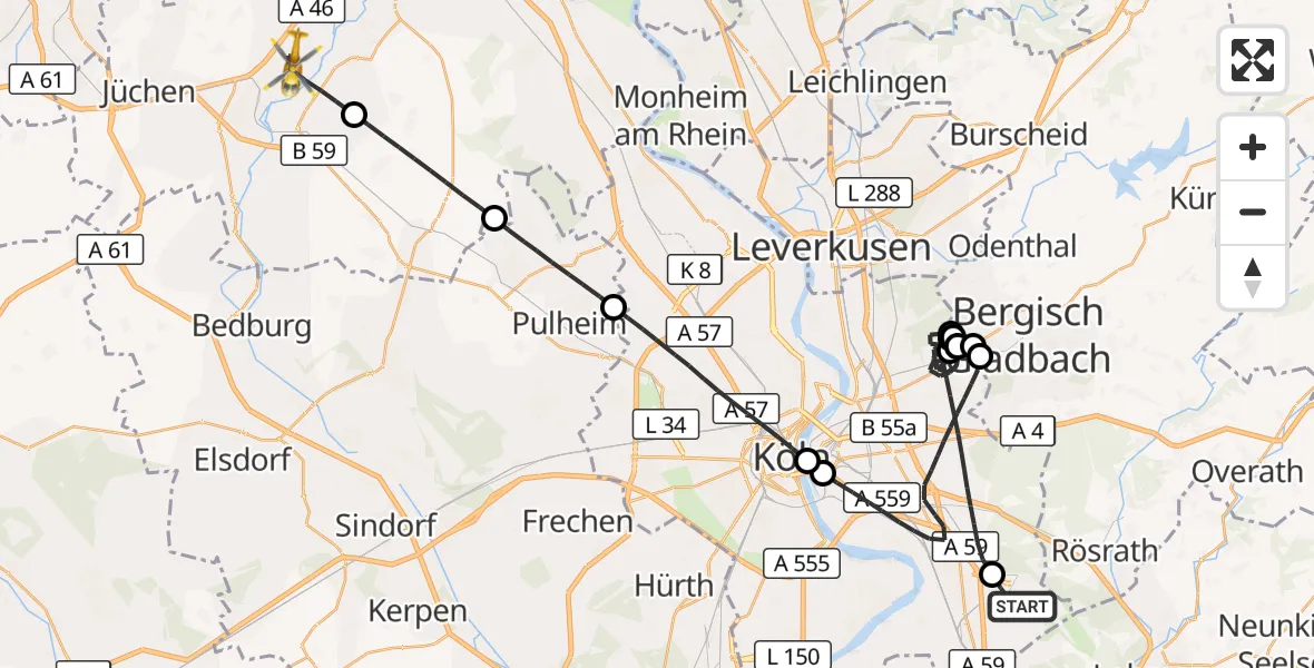 Flugroute Rettungshubschrauber Köln Bonn Flughafen - Grevenbroich, 15 April 2026, 11:09