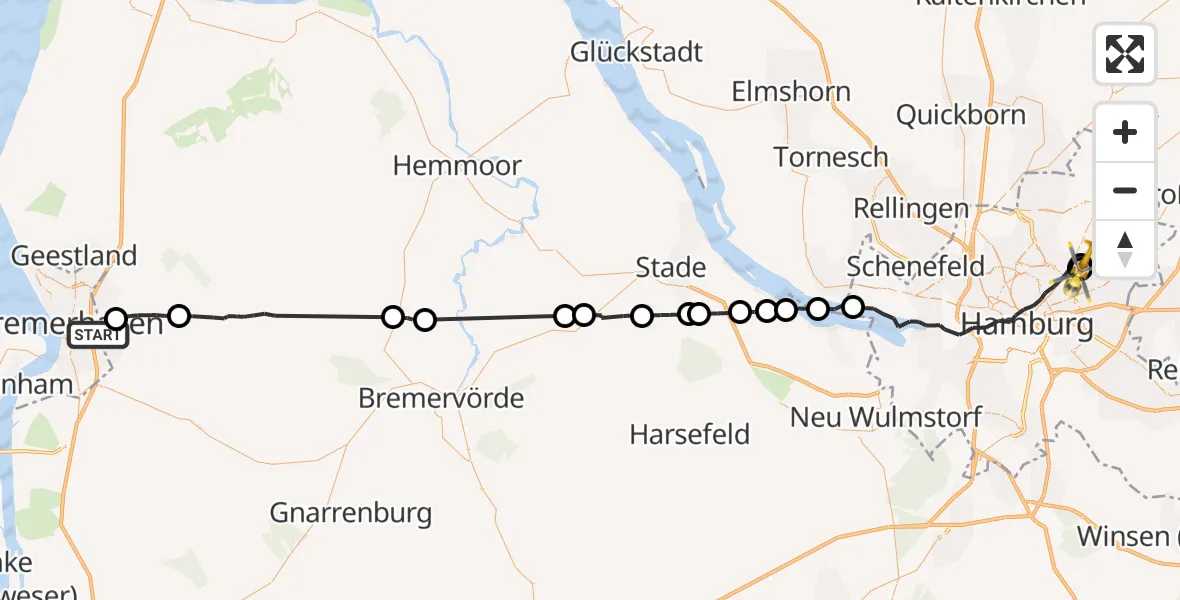 Flugroute Rettungshubschrauber Bremerhaven - Hamburg Bundeswehrkrankenhaus Hubschrauberlandeplatz, 15 April 2026, 11:11