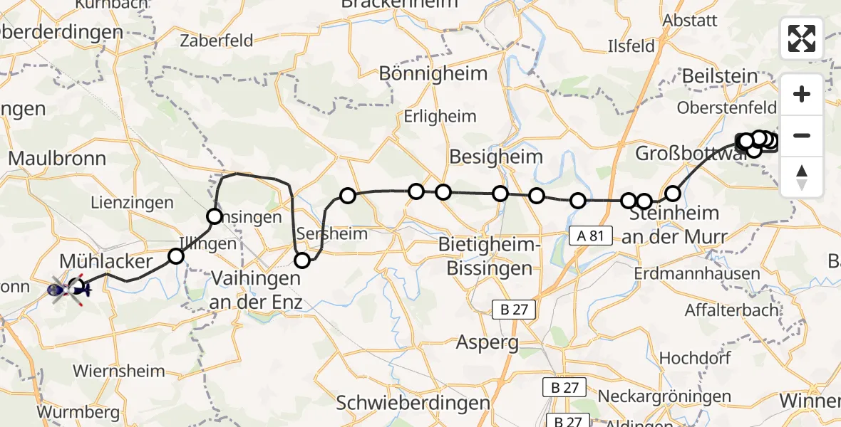 Flugroute Polizeihubschrauber Oberstenfeld - Hangensteiner Hof Flugplatz, 15 April 2026, 11:17