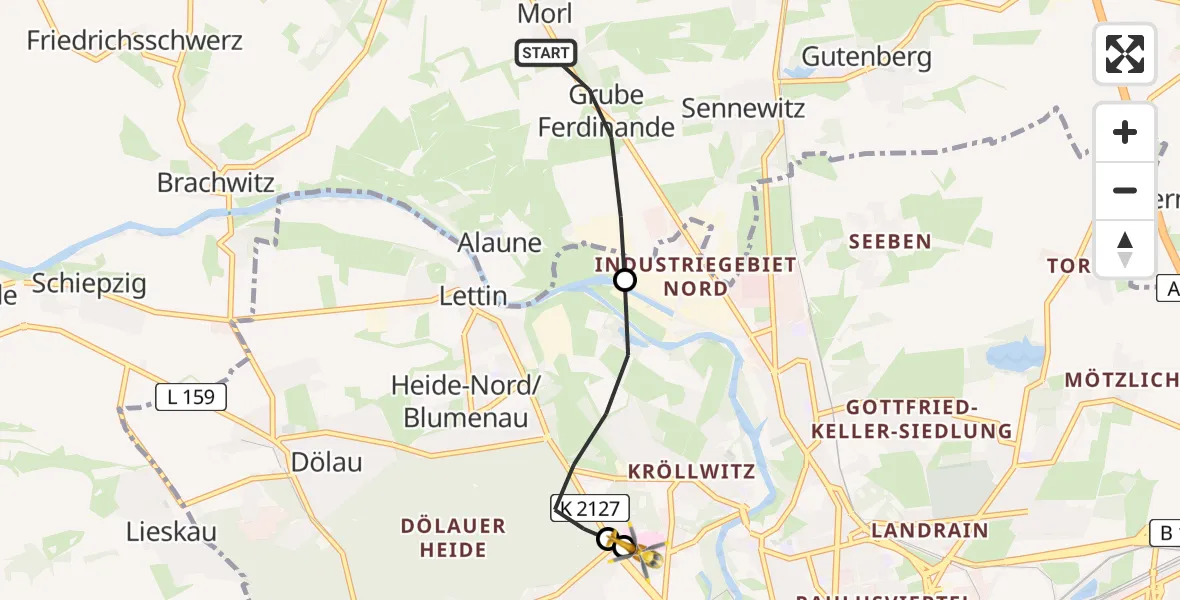 Flugroute Ambulanzhubschrauber Petersberg - Halle (Saale) University Hospital, 15 April 2026, 11:24