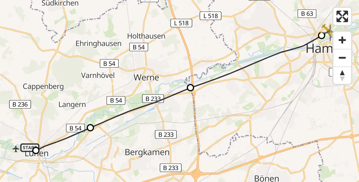 Flugroute Rettungshubschrauber Sankt Marien Hospital - Hamm, 15 April 2026, 11:25