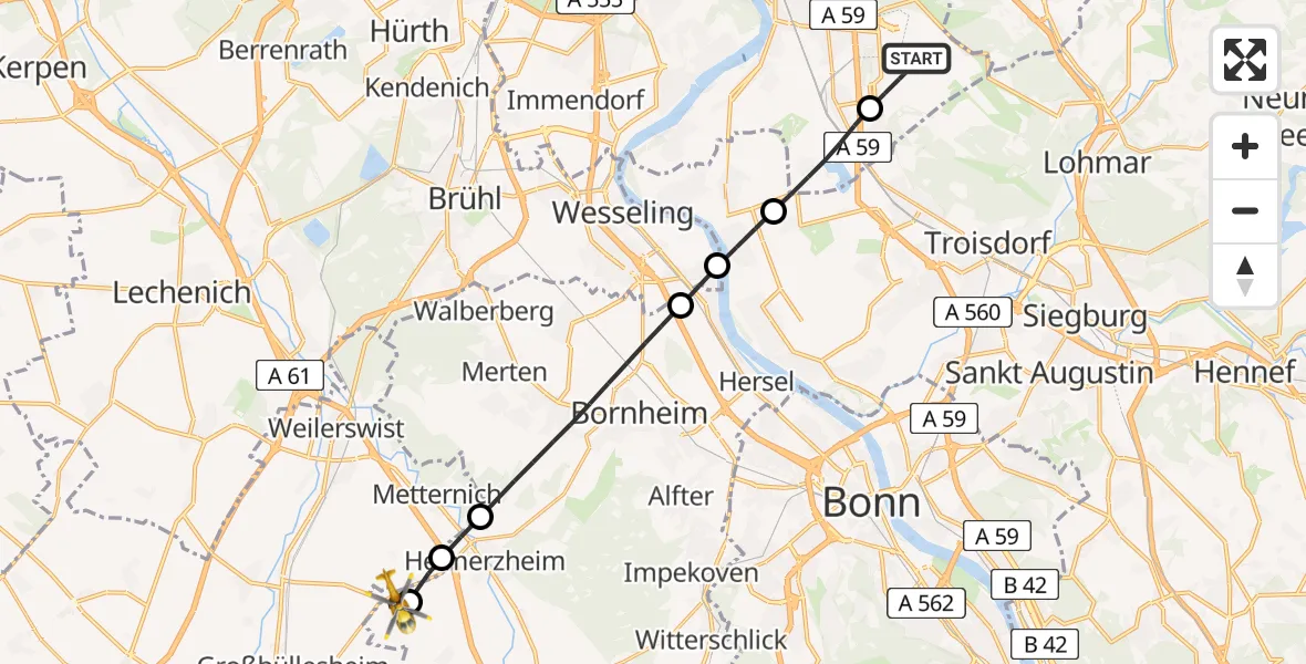 Flugroute Ambulanzhubschrauber Köln Bonn Flughafen - Swisttal, 15 April 2026, 11:26