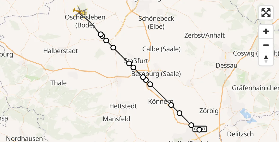 Flugroute Rettungshubschrauber Halle-Oppin Flugplatz - Oschersleben (Bode), 15 April 2026, 11:32