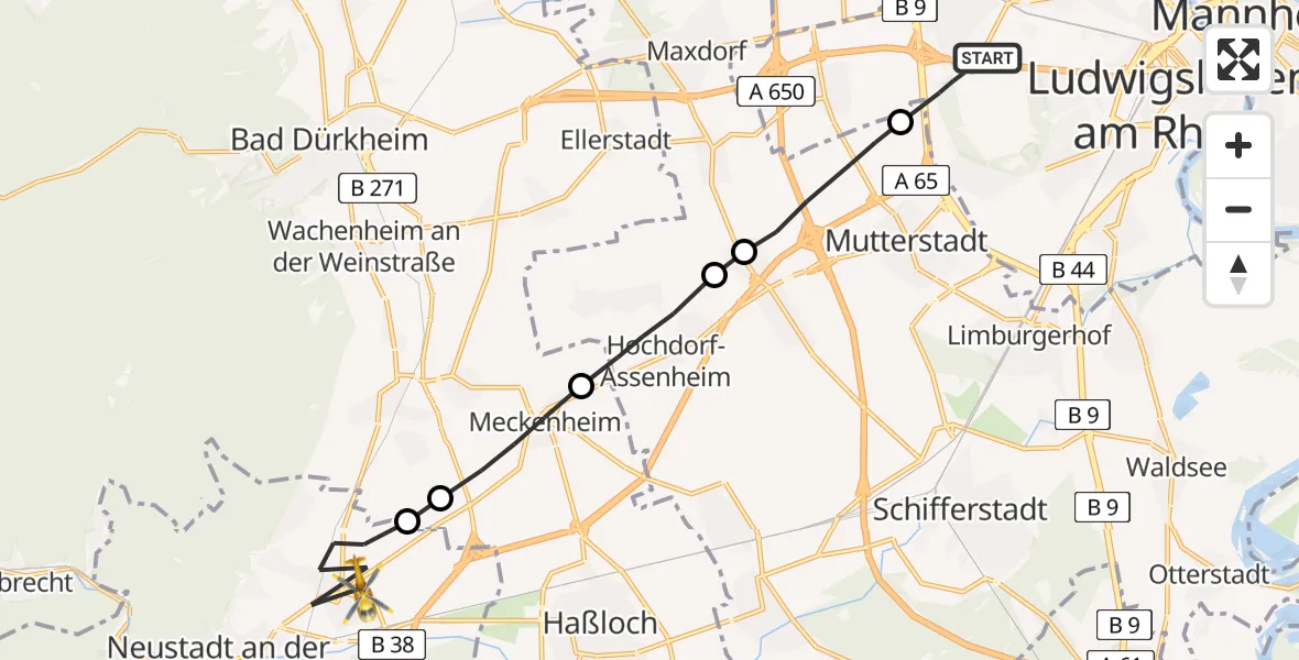 Flugroute Rettungshubschrauber Ludwigshafen am Rhein - Neustadt an der Weinstraße, 15 April 2026, 11:32