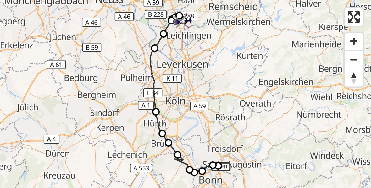 Flugroute Polizeihubschrauber Sankt Augustin - Langenfeld-Wiescheid Flugplatz, 15 April 2026, 11:45