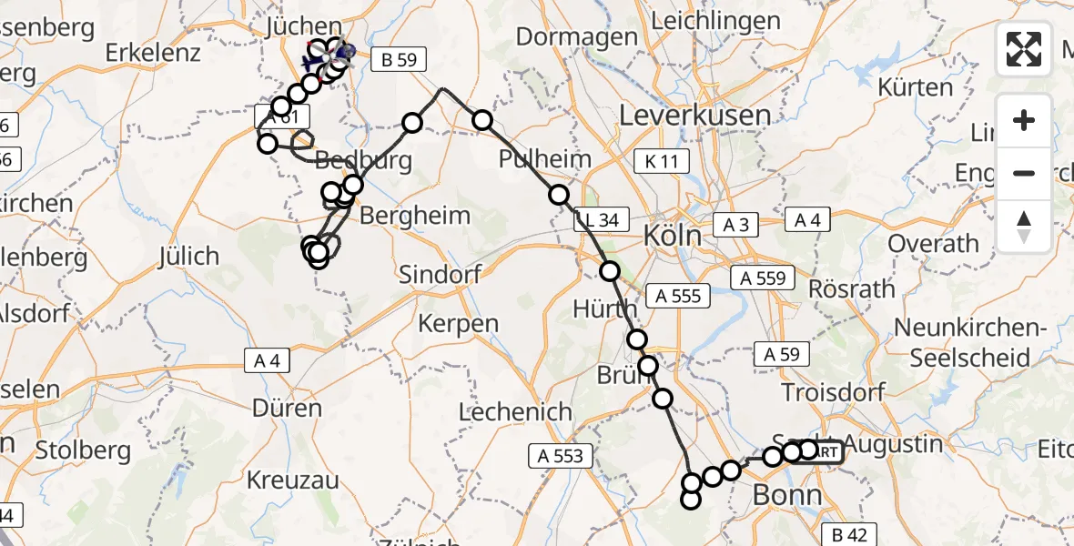 Flugroute Polizeihubschrauber Sankt Augustin - Jüchen, 15 April 2026, 11:47