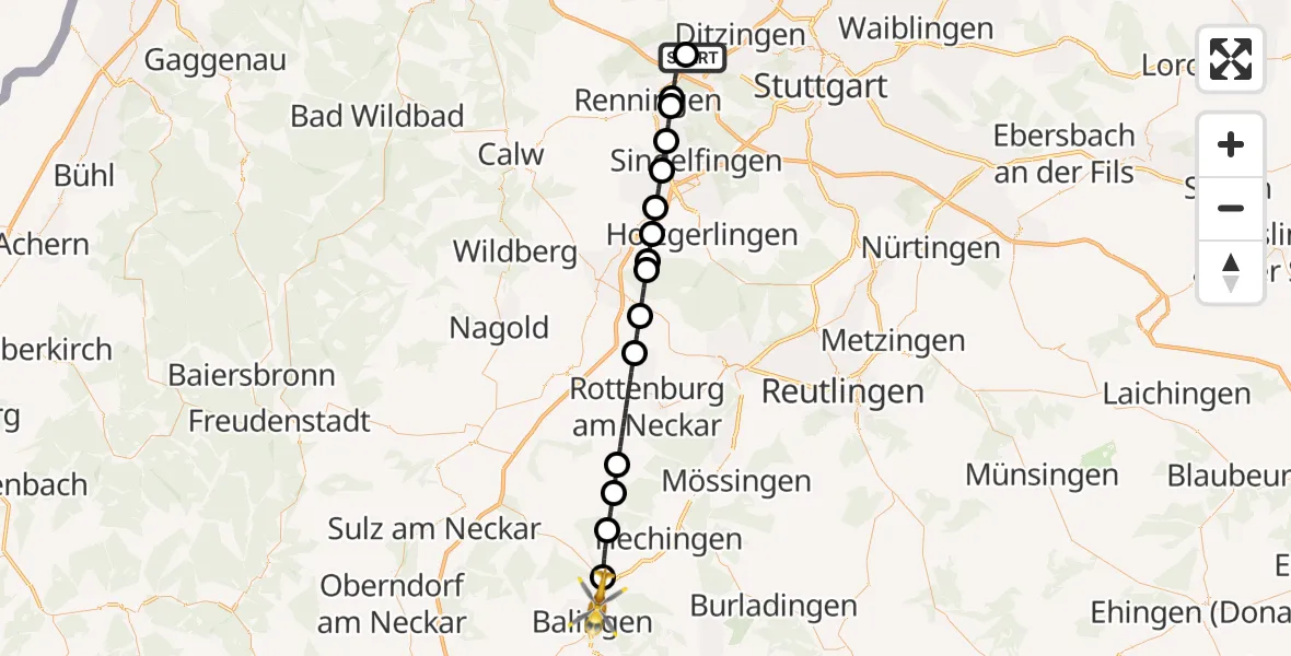 Flugroute Rettungshubschrauber Leonberg Hospital - Balingen, 15 April 2026, 11:47