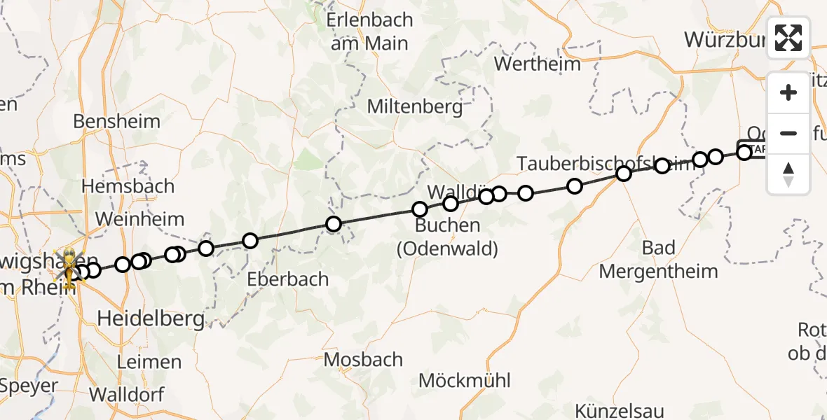 Flugroute Rettungshubschrauber Gaukönigshofen - Mannheim-City Flughafen, 15 April 2026, 11:48