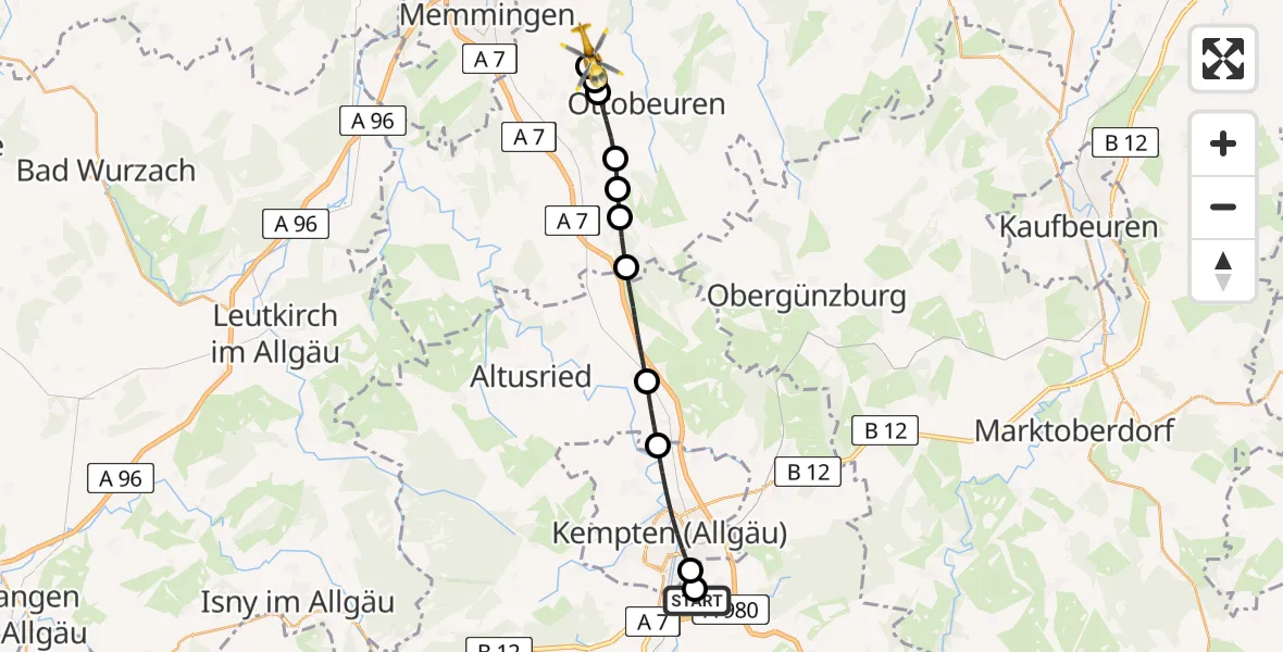 Flugroute Rettungshubschrauber Kempten-Durach Flugplatz - Hawangen, 15 April 2026, 11:49