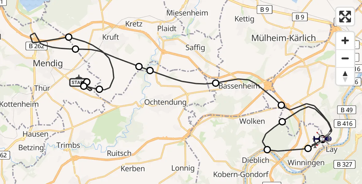 Flugroute Polizeihubschrauber Mendig - Koblenz-Winningen Flugplatz, 15 April 2026, 11:51