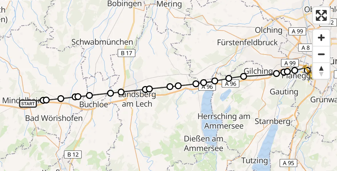 Flugroute Rettungshubschrauber Mindelheim - DRF Air Rescue München Hubschrauberlandeplatz, 15 April 2026, 11:52
