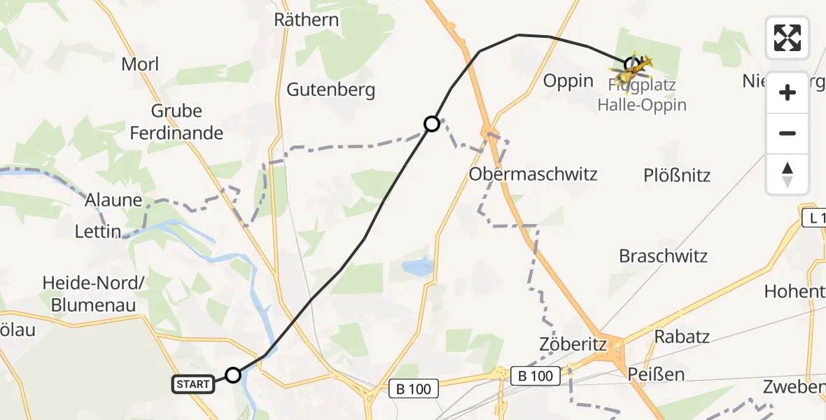 Flugroute Ambulanzhubschrauber Halle (Saale) University Hospital - Halle-Oppin Flugplatz, 15 April 2026, 12:00