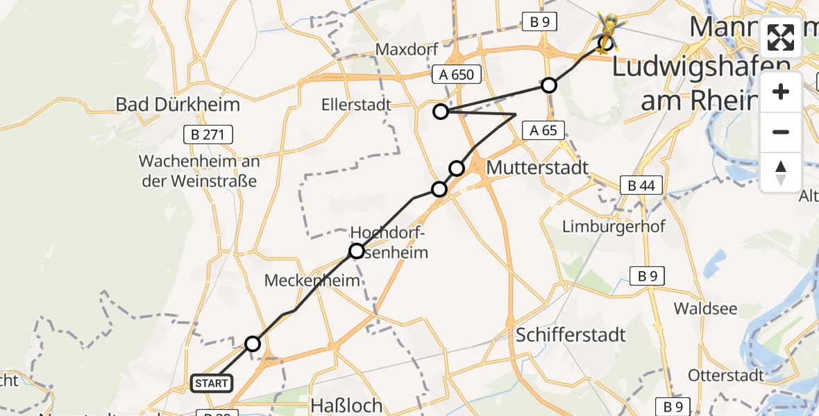 Flugroute Rettungshubschrauber Neustadt an der Weinstraße - Ludwigshafen Accident Hospital, 15 April 2026, 12:05