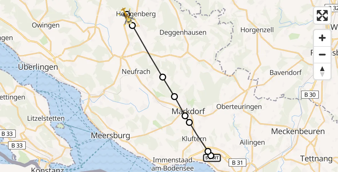 Flugroute Rettungshubschrauber Friedrichshafen Hospital - Heiligenberg, 15 April 2026, 12:08