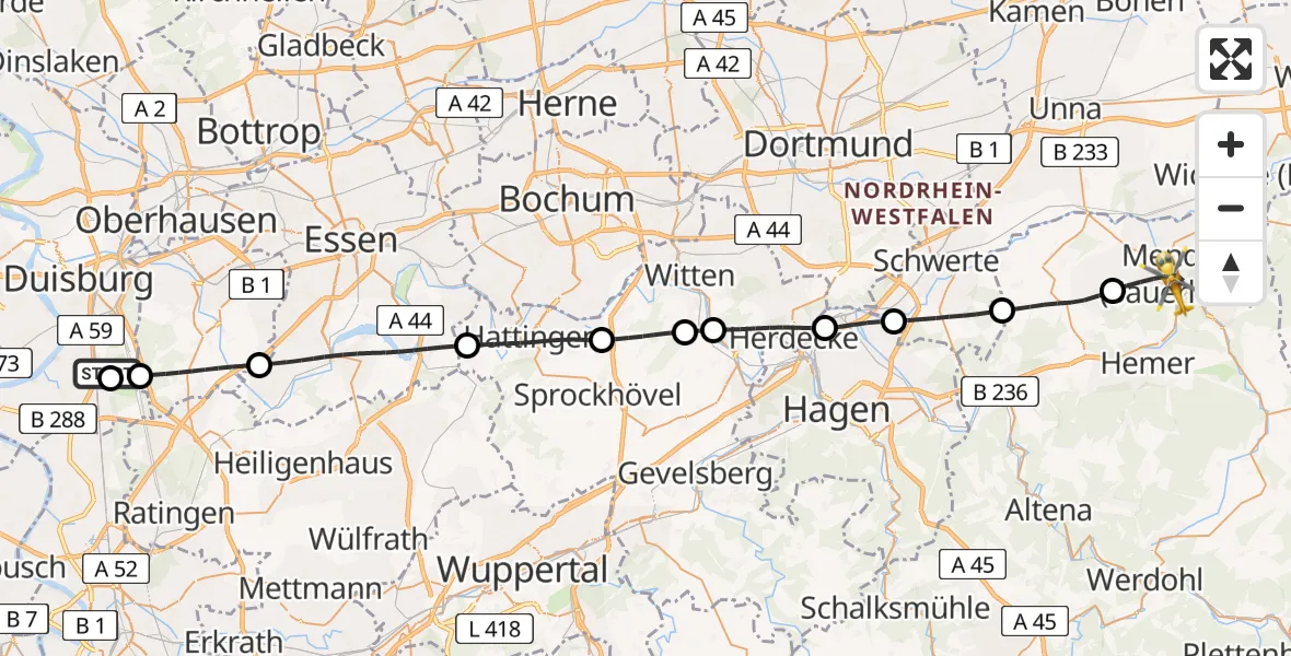 Flugroute Rettungshubschrauber Duisburg Air Rescue Hubschrauberlandeplatz (Christoph 9) - Menden (Sauerland), 15 April 2026, 12:09