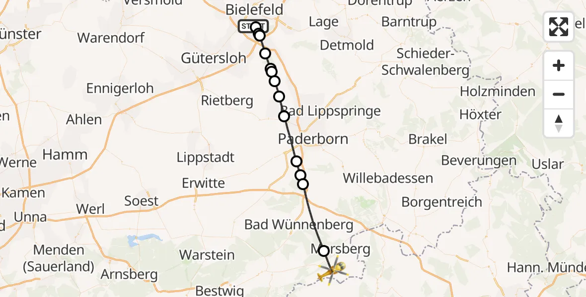 Flugroute Rettungshubschrauber Luftrettungszentrum Bielefeld - Marsberg, 15 April 2026, 12:20