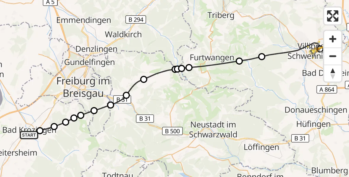 Flugroute Rettungshubschrauber Bad Krozingen - DRF Air Rescue Station Villingen-Schwenningen Hubschrauberlandeplatz (Christoph 11), 15 April 2026, 12:38