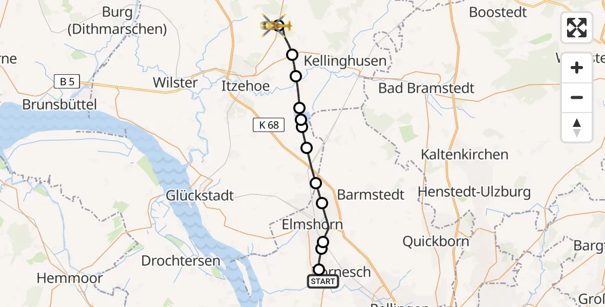 Flugroute Rettungshubschrauber Uetersen - Itzehoe Hungriger Wolf Flugplatz, 15 April 2026, 12:40