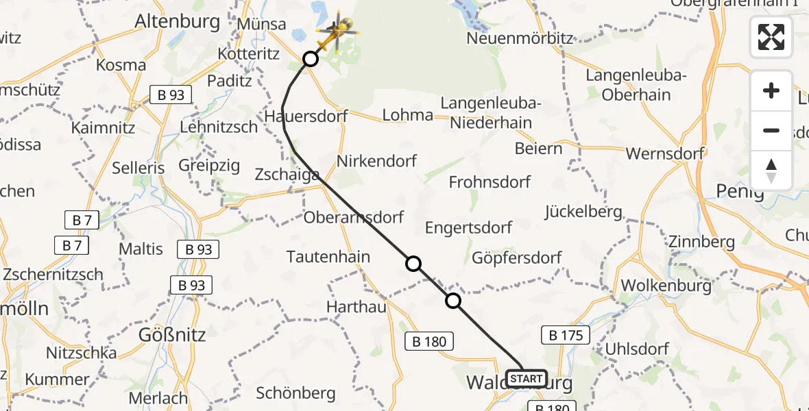 Flugroute Rettungshubschrauber Waldenburg - Leipzig–Altenburg Flughafen, 15 April 2026, 12:44